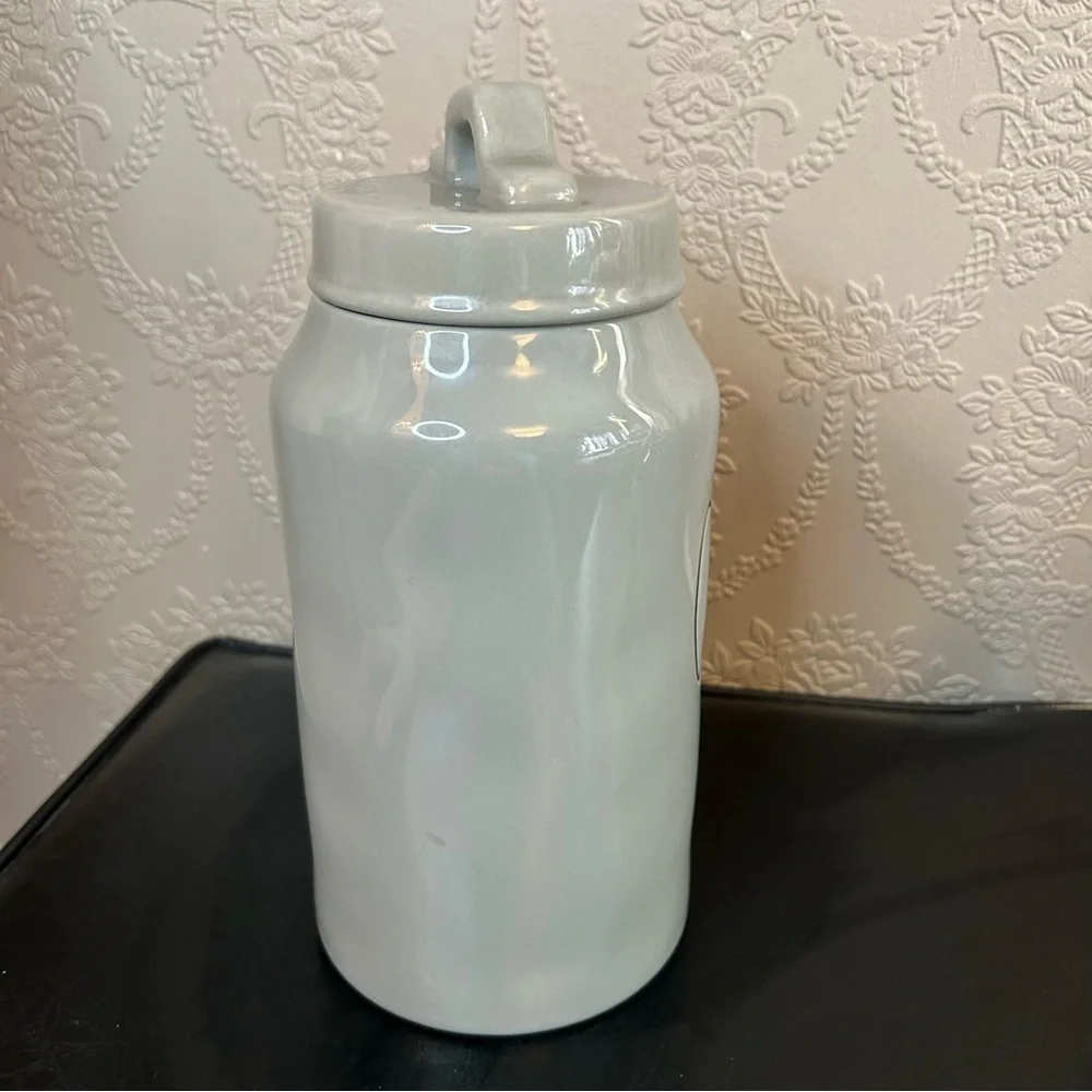 Rae Dunn Gray Black oats Canister approx 9.5” high